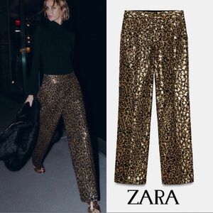 ZARA Animal Leopard Print Sequin Straight Leg Pants, bloggers' favorite